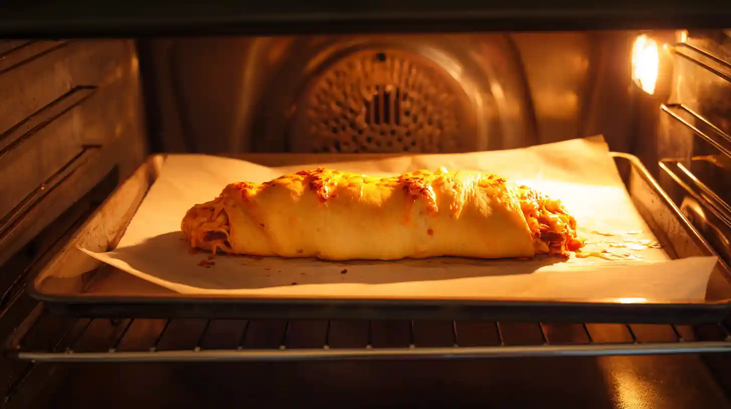bake-golden-bbq-chicken-stromboli-step-7 BBQ chicken stromboli baking in the oven with golden crust and bubbling cheese—ideal for family comfort food and easy homemade dinners.