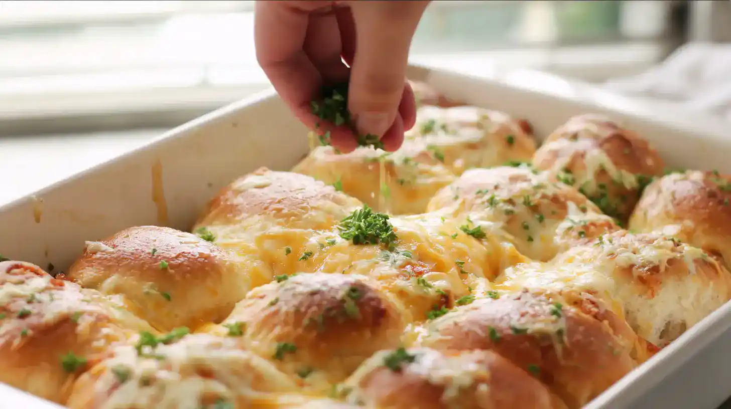 baked-chicken-bacon-sliders-parsley Chicken Bacon Ranch Sliders Recipe hot from the oven with parsley garnish