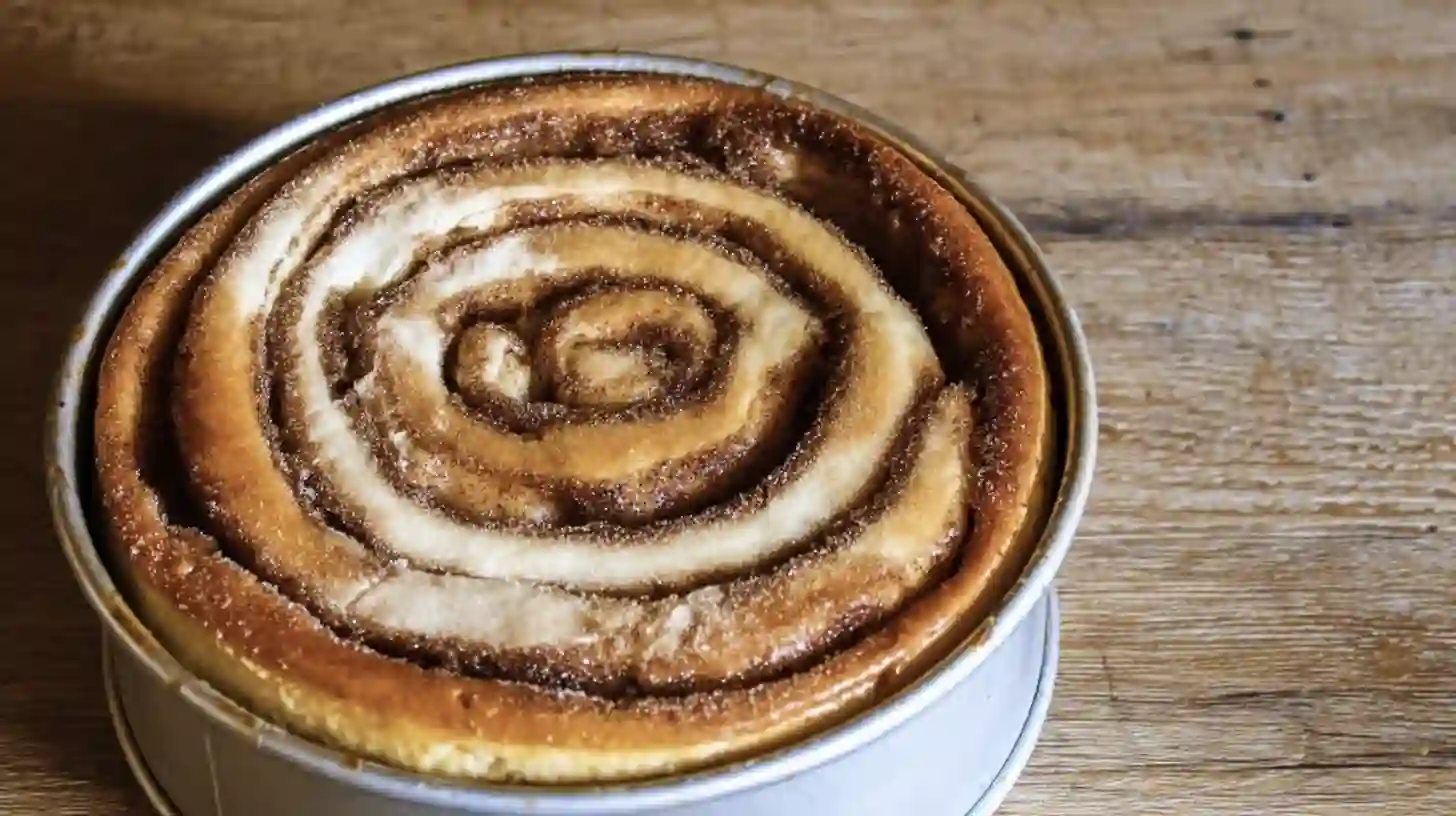 baked-cinnamon-roll-honeybun-cheesecake-in-oven Freshly baked cinnamon roll honeybun cheesecake resting in oven with door slightly open