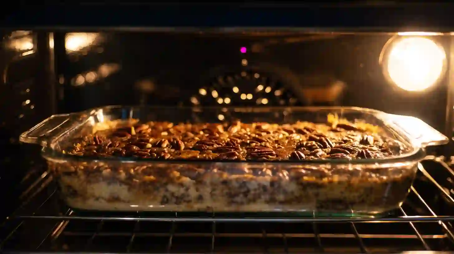 baking-easy-pecan-pie-dump-cake-step6 Baking pecan pie dump cake until golden—perfect for instant pot holiday meals and cozy desserts