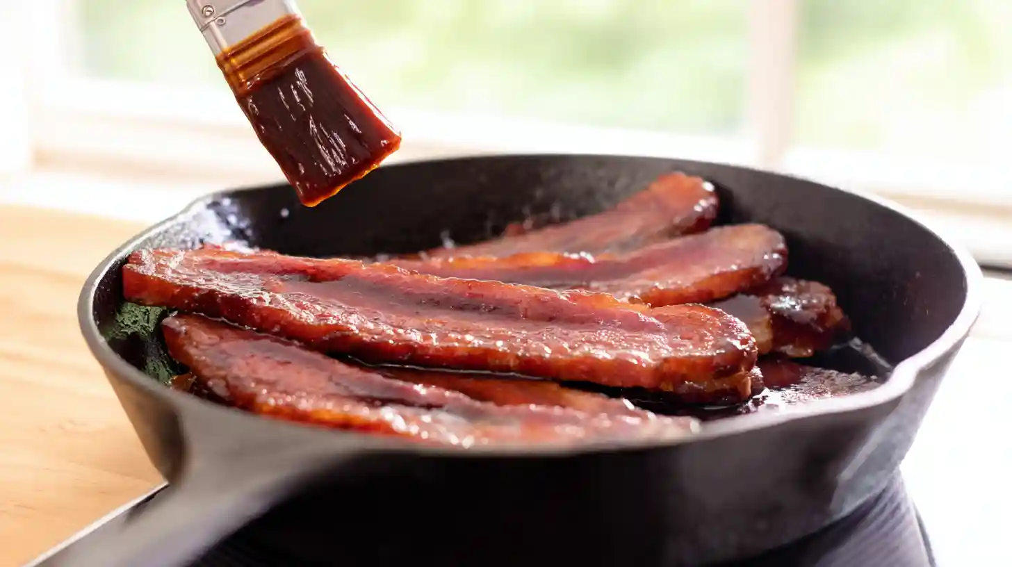 bbq-bacon-ranch-blt-cooking-turkey-bacon Cooking turkey bacon for BBQ Bacon Ranch BLT sandwich – high-protein lunch idea with BBQ glaze in cast iron skillet