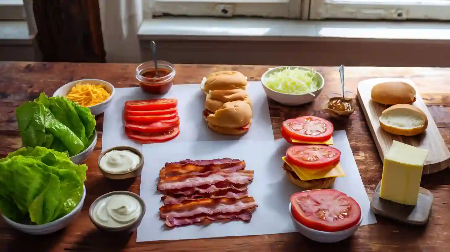 bbq-bacon-ranch-blt-ingredients Ingredients for BBQ Bacon Ranch BLT sandwich including turkey bacon, cheddar cheese, tomatoes, lettuce, and ranch dressing.high-protein lunch recipes