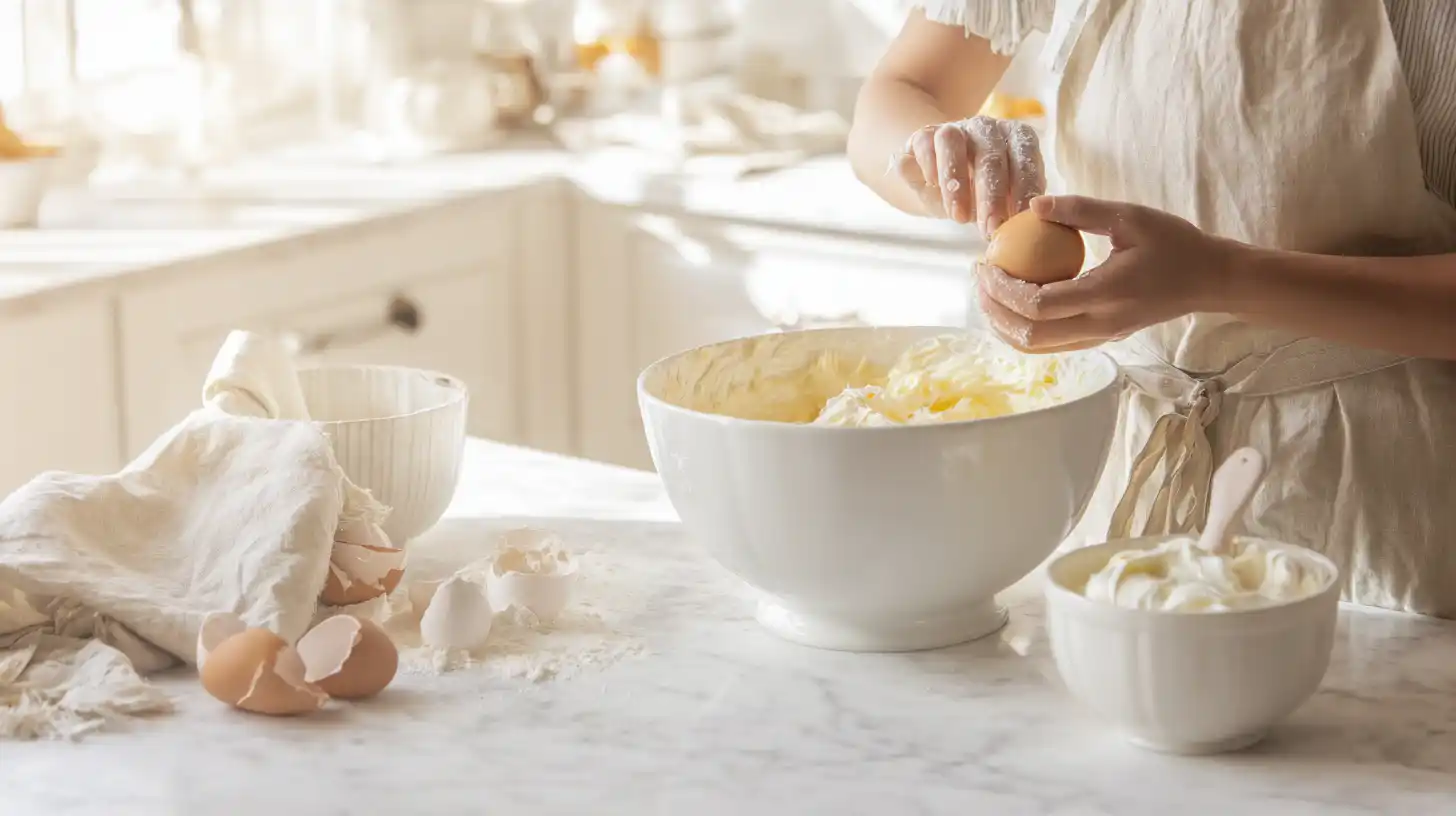 beating-eggs-pound-cake-step Adding eggs to creamed butter and sugar for strawberry cream cheese pound cake