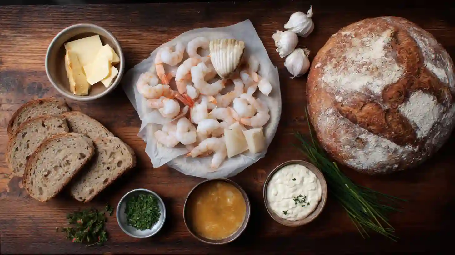 best-stuffed-seafood-bread-bowl-ingredients Ingredients for Best Stuffed Seafood Bread Bowl on table