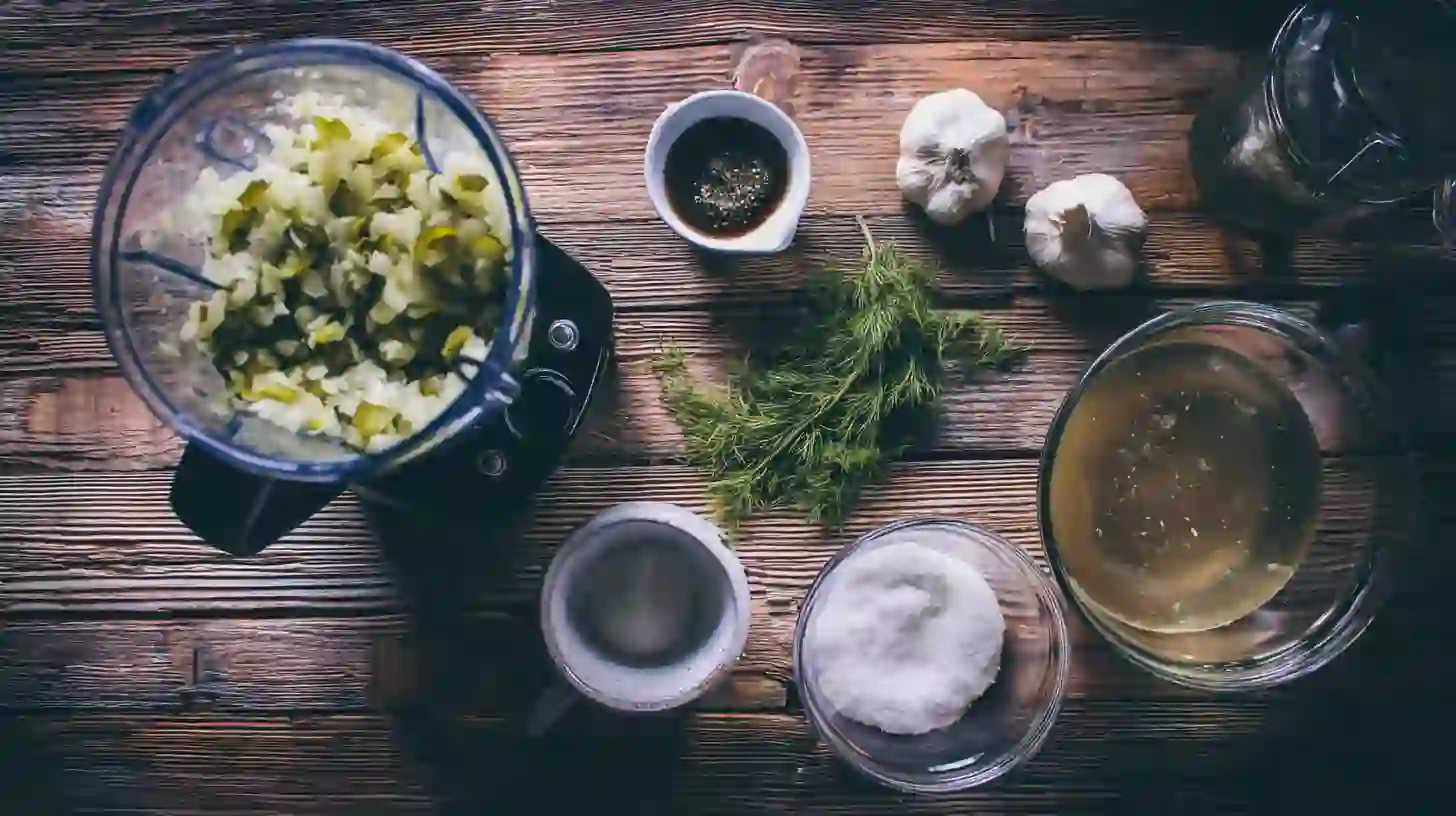 blending-fermented-hot-sauce-dill-pickles-vinegar Blending gut-healthy fermented hot sauce with dill pickles and vinegar for tangy probiotic flavor