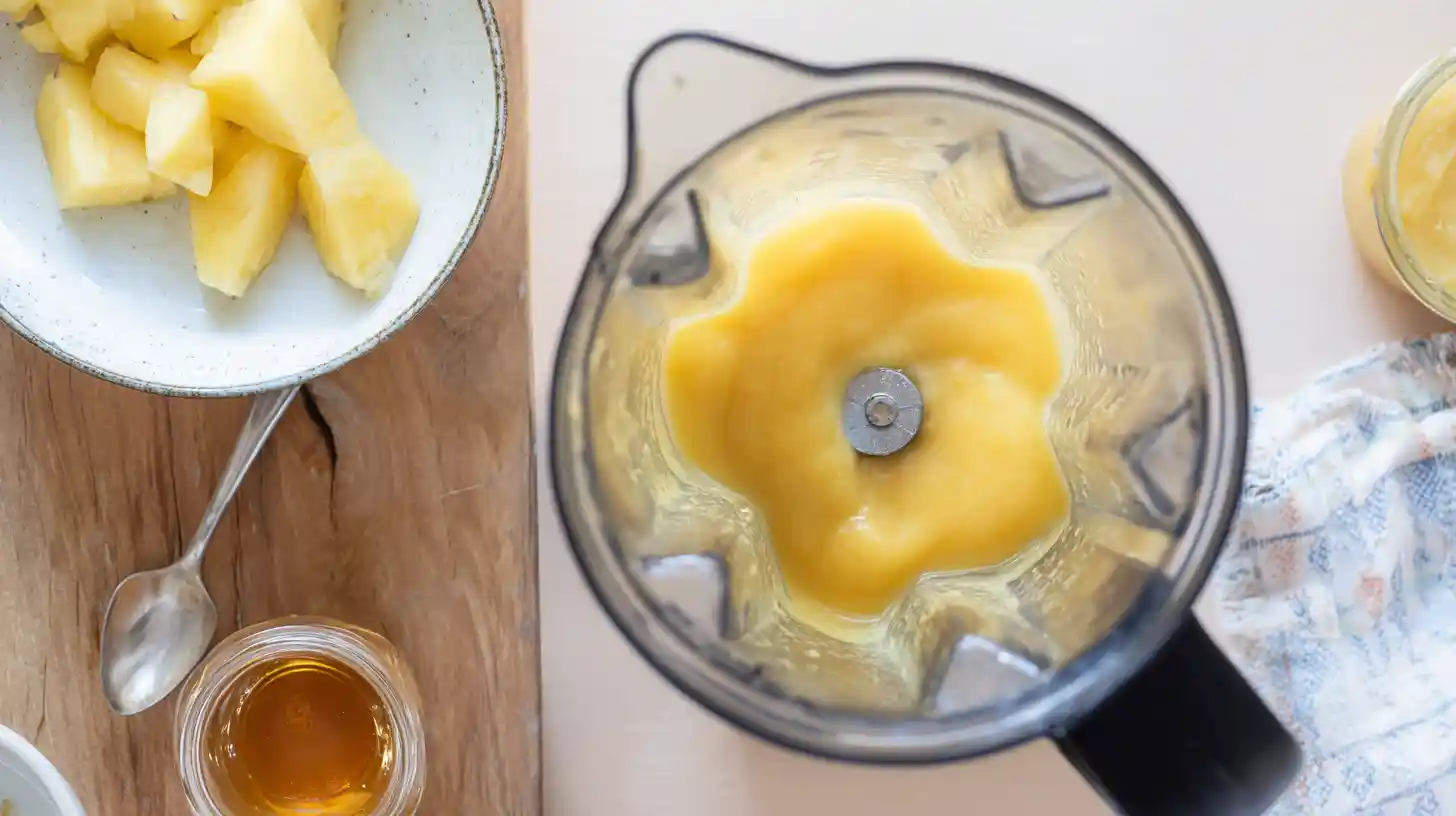 blending-pineapple-smoothie-slushie-recipe Blending frozen pineapple and juice – best pineapple strawberry swirled slushies recipe for healthy smoothie lovers