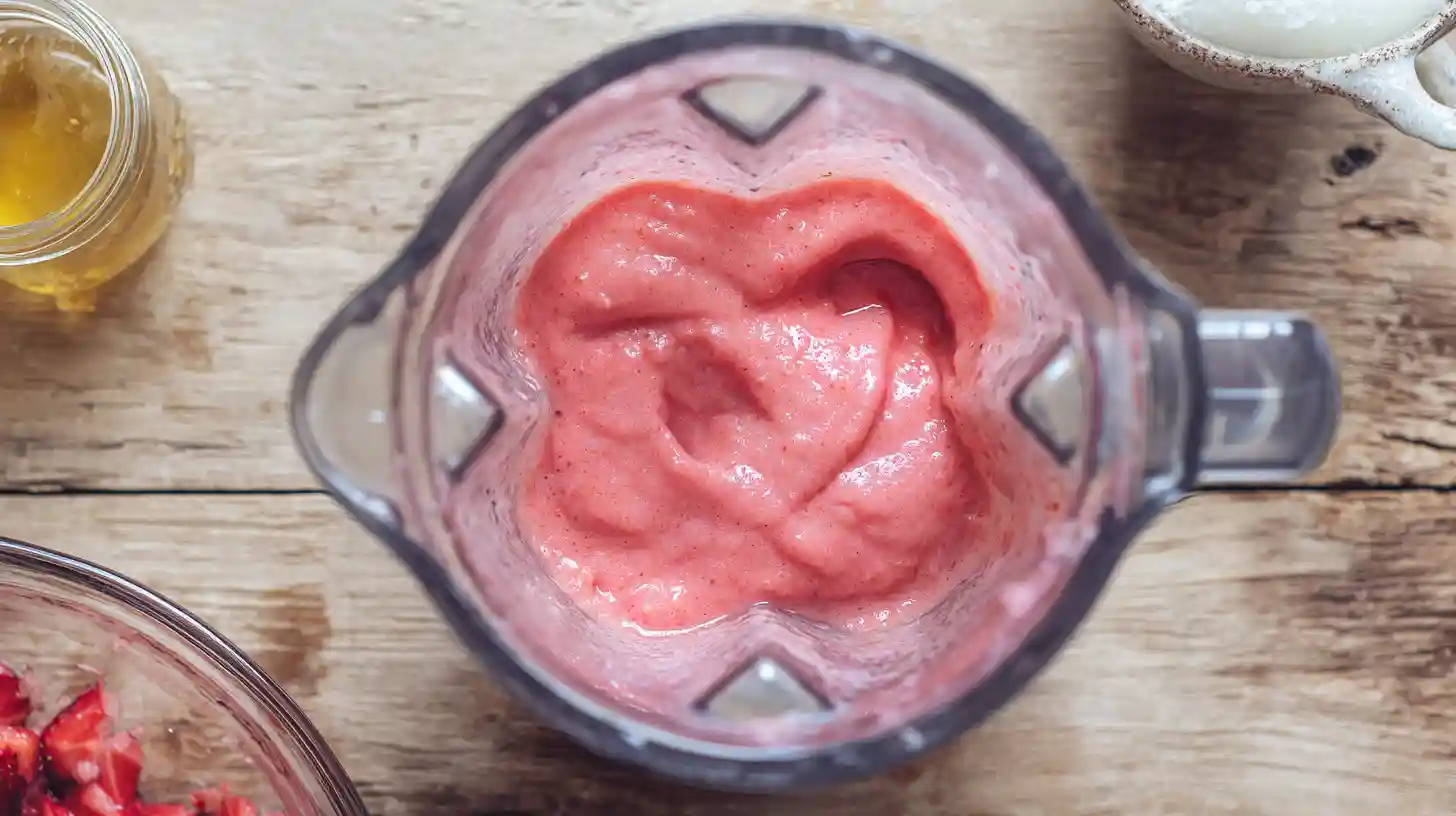 blending-strawberries-slushie-smoothie-recipe Blending frozen strawberries and juice – best pineapple strawberry swirled slushies recipe for homemade frozen drink ideas