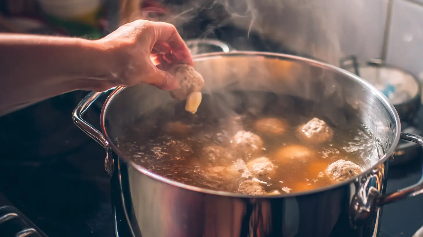 boil-broth-caldo-de-albondigas boiling broth with garlic and meatballs for caldo de albóndigas