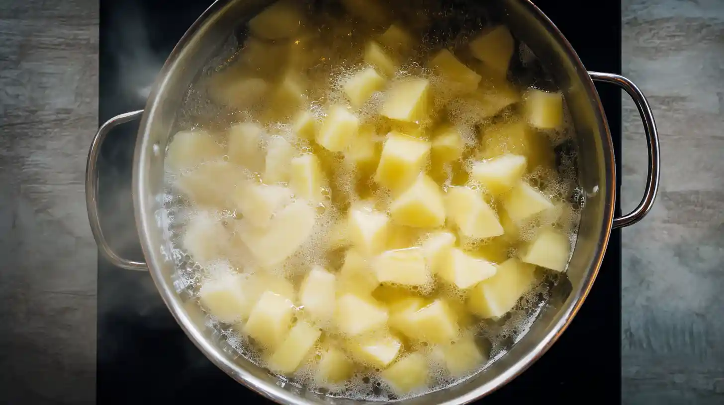 boil-potatoes-amish-potato-salad-Recipe Cubed potatoes boiling in a pot for Creamy Amish Potato Salad Recipe