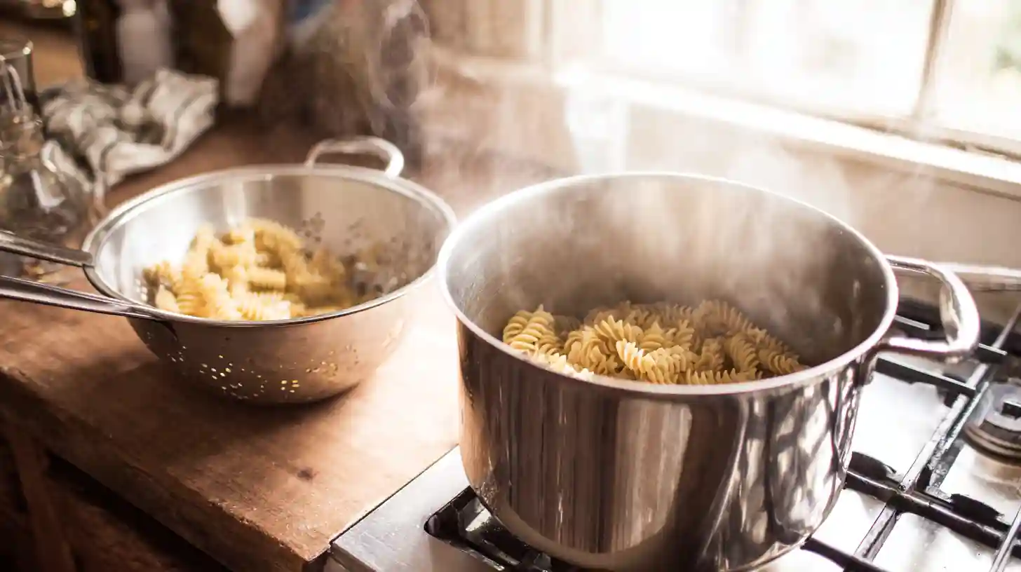 boiling-draining-pasta-alfredo-steak-recipe Boiling and draining rotini pasta for creamy Alfredo steak pasta, a quick weeknight family meal