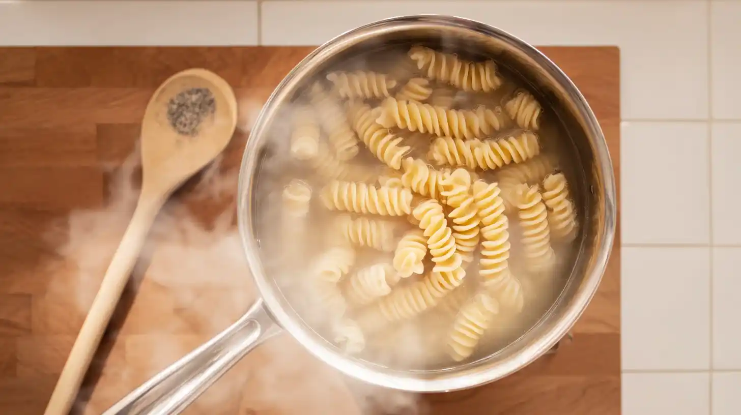 boiling-rotini-for-cajun-creamy-beef-pasta Cooking rotini pasta in boiling salted water for high-protein creamy pasta meals