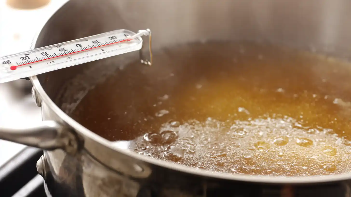 boiling-sugar-candy-thermometer-taffy Boiling sugar mixture with thermometer for homemade taffy