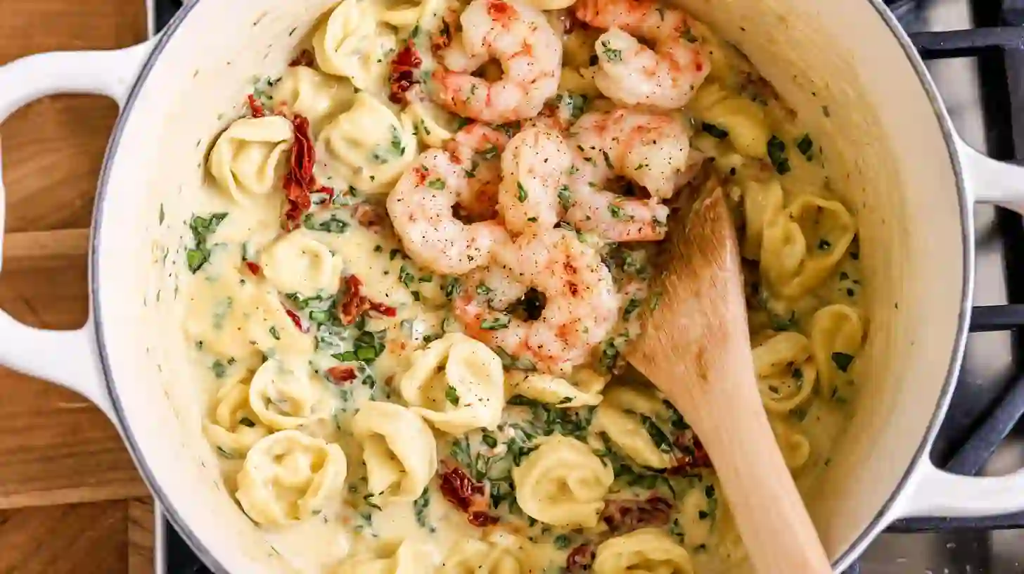 bring-together-creamy-shrimp-garlic-tortellini shrimp and basil stirred into creamy garlic tortellini for easy one-pot shrimp pasta dinner