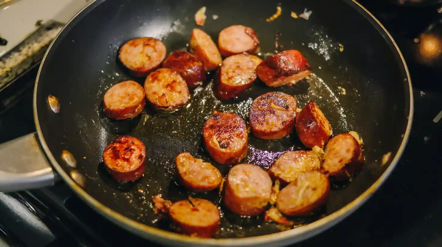 brown-chicken-sausage-low-effort-dinner-Step 1 Chicken sausage searing in skillet. image Step 1 – low effort dinner recipes, quick dinner ideas on a budget