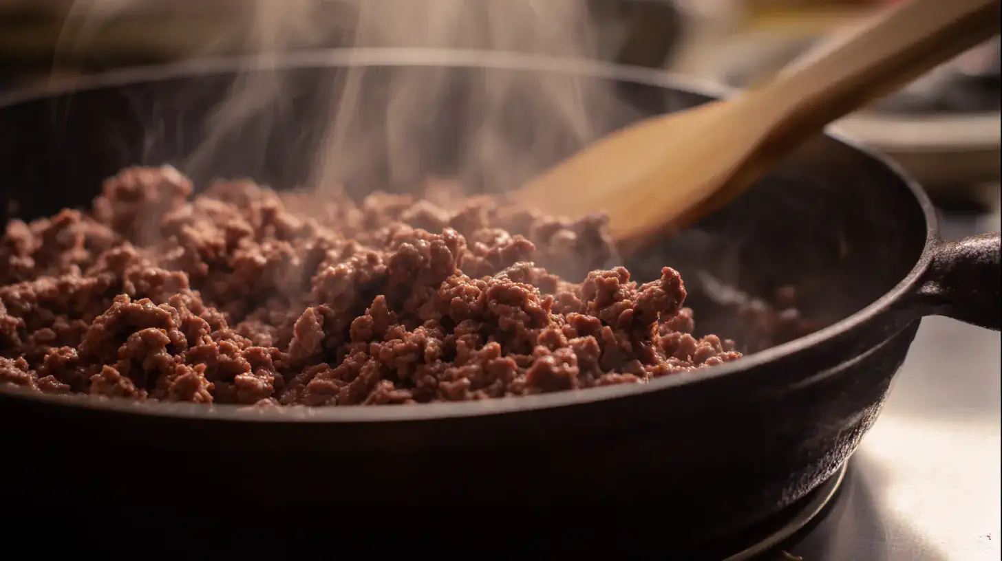 brown-ground-beef-taco-spaghetti-step Ground beef browning in a skillet for taco spaghetti