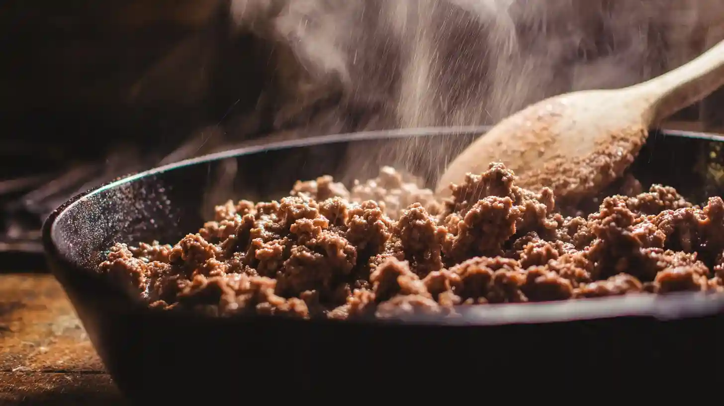 brown-seasoned-beef-taco-potatoes Ground beef being browned and seasoned for Comforting Cheesy Taco Potatoes