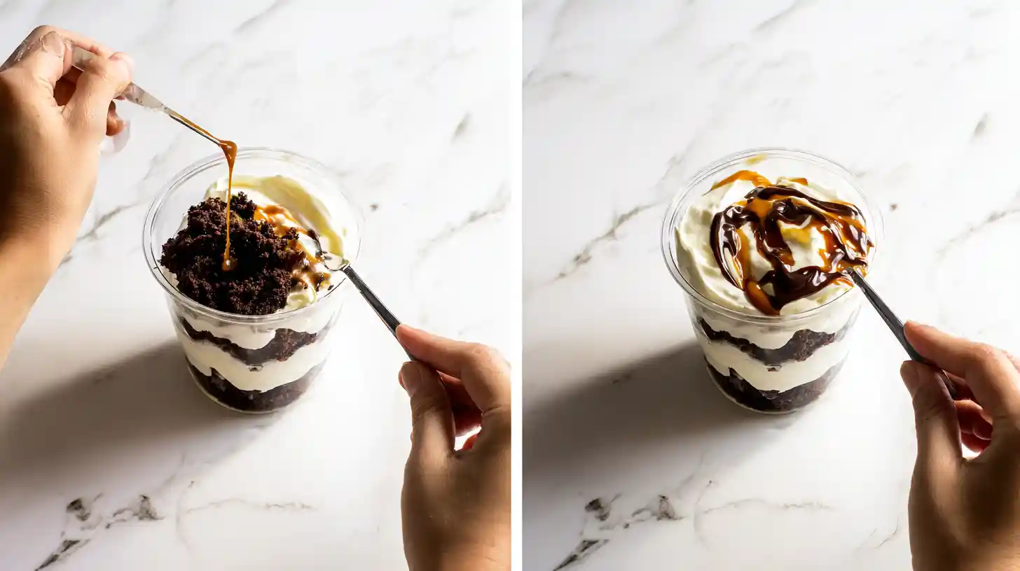 brownie-cheesecake-cup-layering-step3 Mid-layering Loaded Brownie Cheesecake Cups with cream cheese filling and dessert sauces