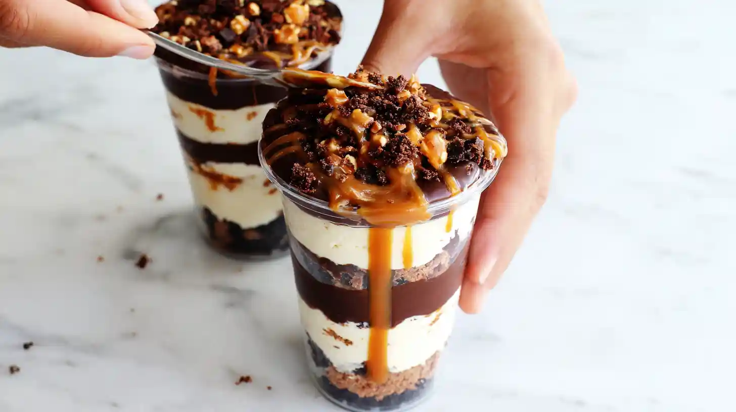 brownie-cheesecake-cup-layering-step4 Finished Loaded Brownie Cheesecake Cups topped with caramel and chocolate drizzle