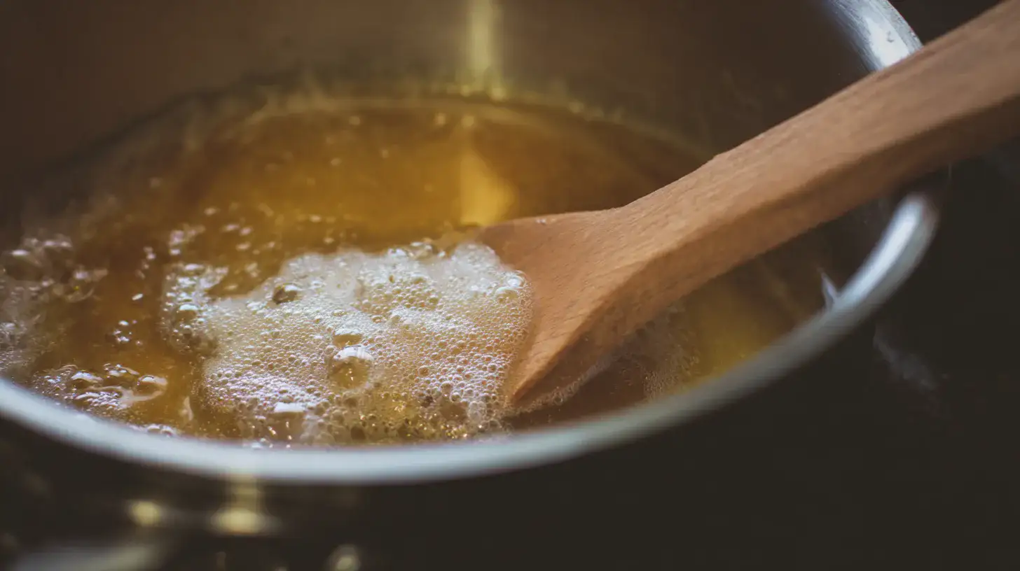 browning-butter-for-peach-cobbler Butter browning in a saucepan with wooden spoon swirling