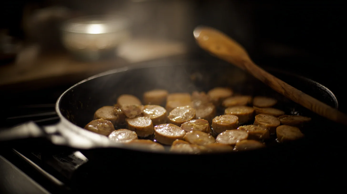 browning-chicken-sausage-in-skillet Sliced chicken sausage browning in olive oil in skillet