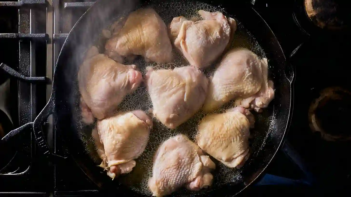 browning-chicken-thighs-in-skillet Chicken thighs browning in olive oil in a hot skillet