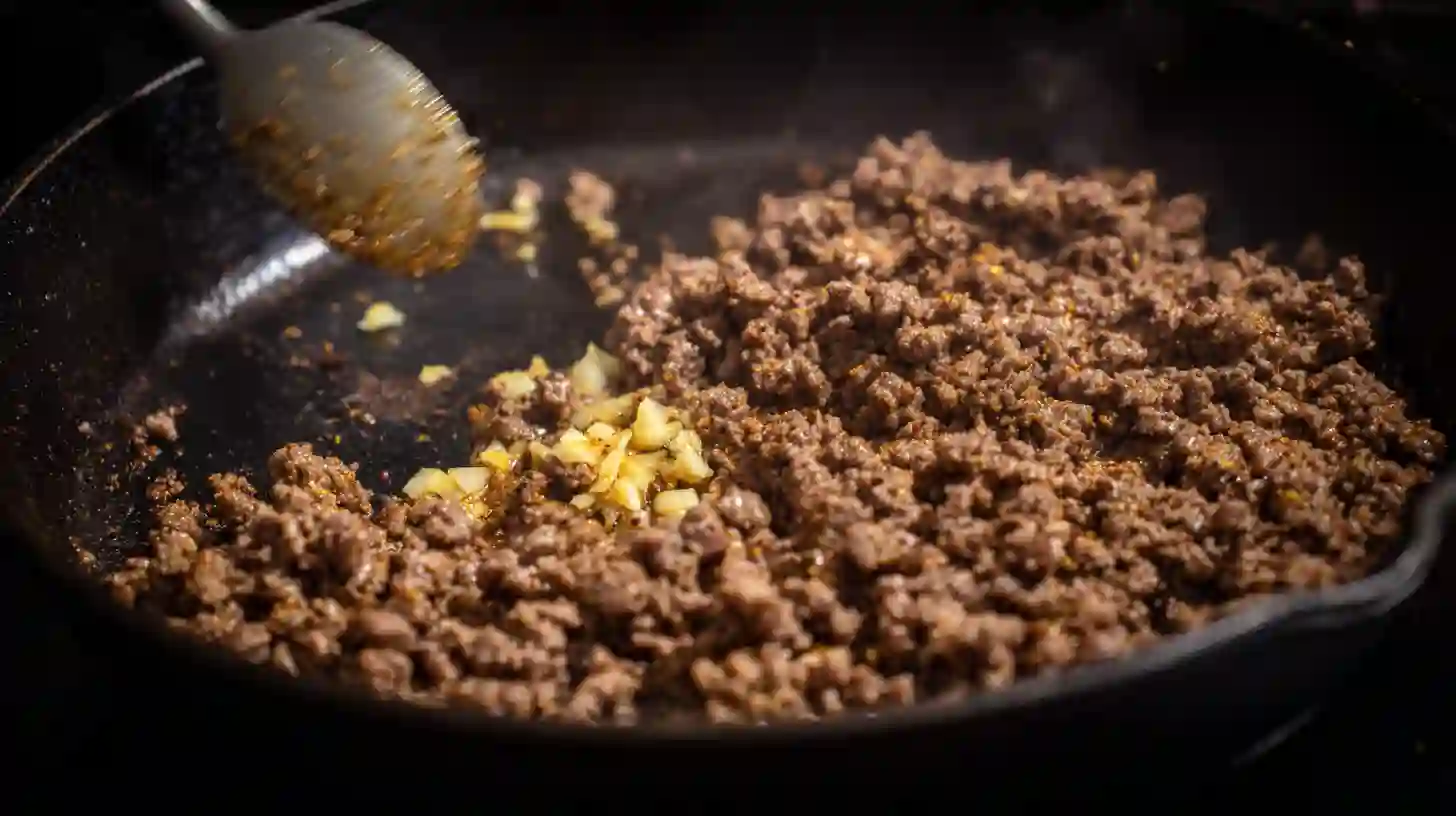 browning-ground-beef-cajun-creamy-pasta Browning ground beef for creamy pasta recipes with Cajun seasoning and Velveeta cheese flavor