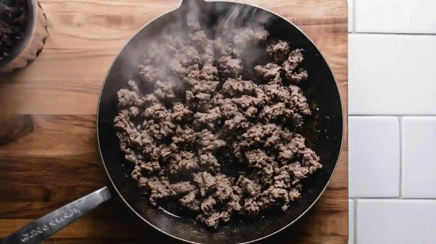browning-ground-beef-cajun-garlic-rotini Browning ground beef in olive oil for Cajun creamy garlic beef pasta skillet