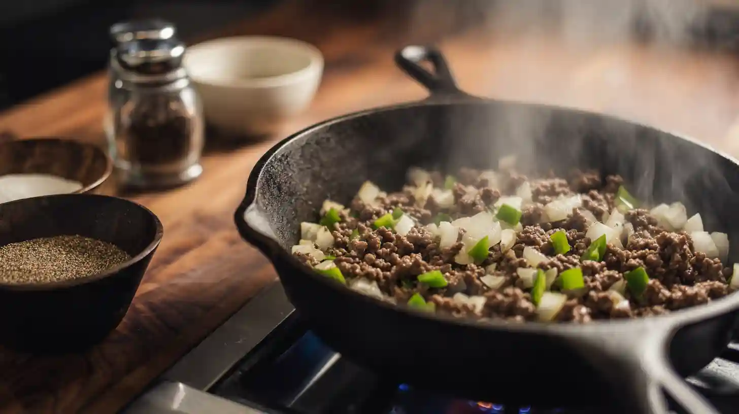 browning-ground-beef-comforting-ranch-taco-soup-Recipe browning ground beef with garlic and peppers – one-pot comfort food recipe