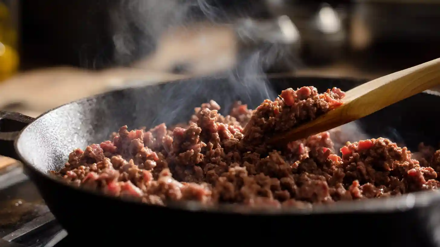 browning-ground-beef-for-cheeseburger-tacos Browning ground beef for easy bacon cheeseburger tacos – high-protein skillet dinner