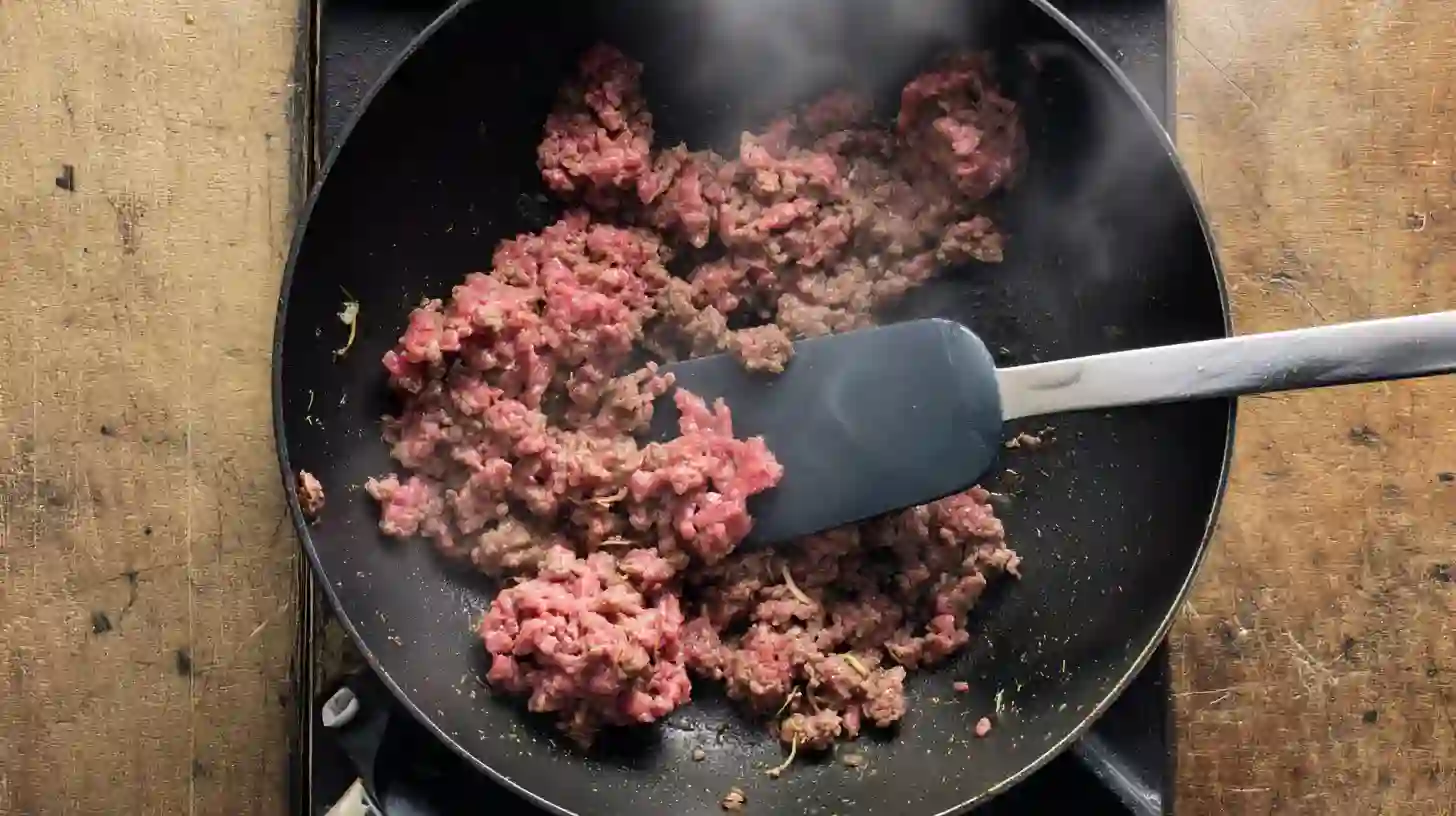 browning-ground-beef-for-queso Browning ground beef in a skillet for Bacon Cheeseburger Queso Dip Recipe