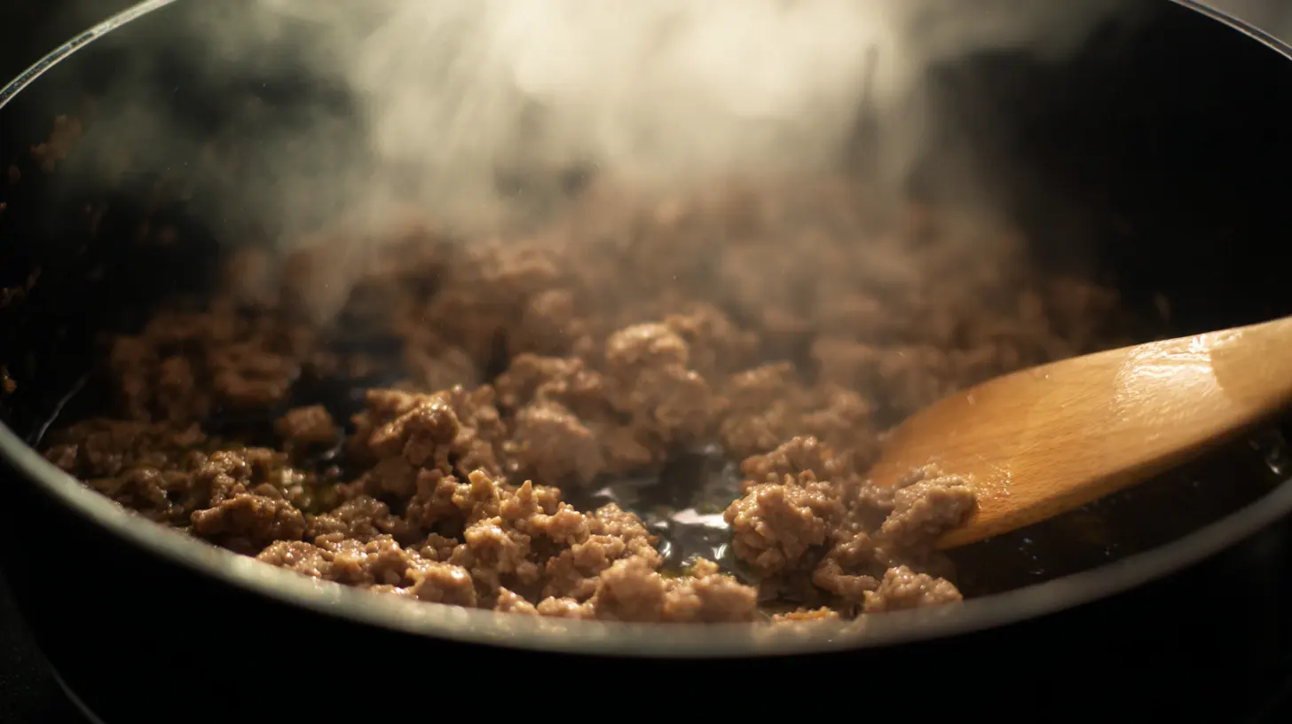 browning-ground-beef-in-pot Ground beef browning in a pot with steam rising