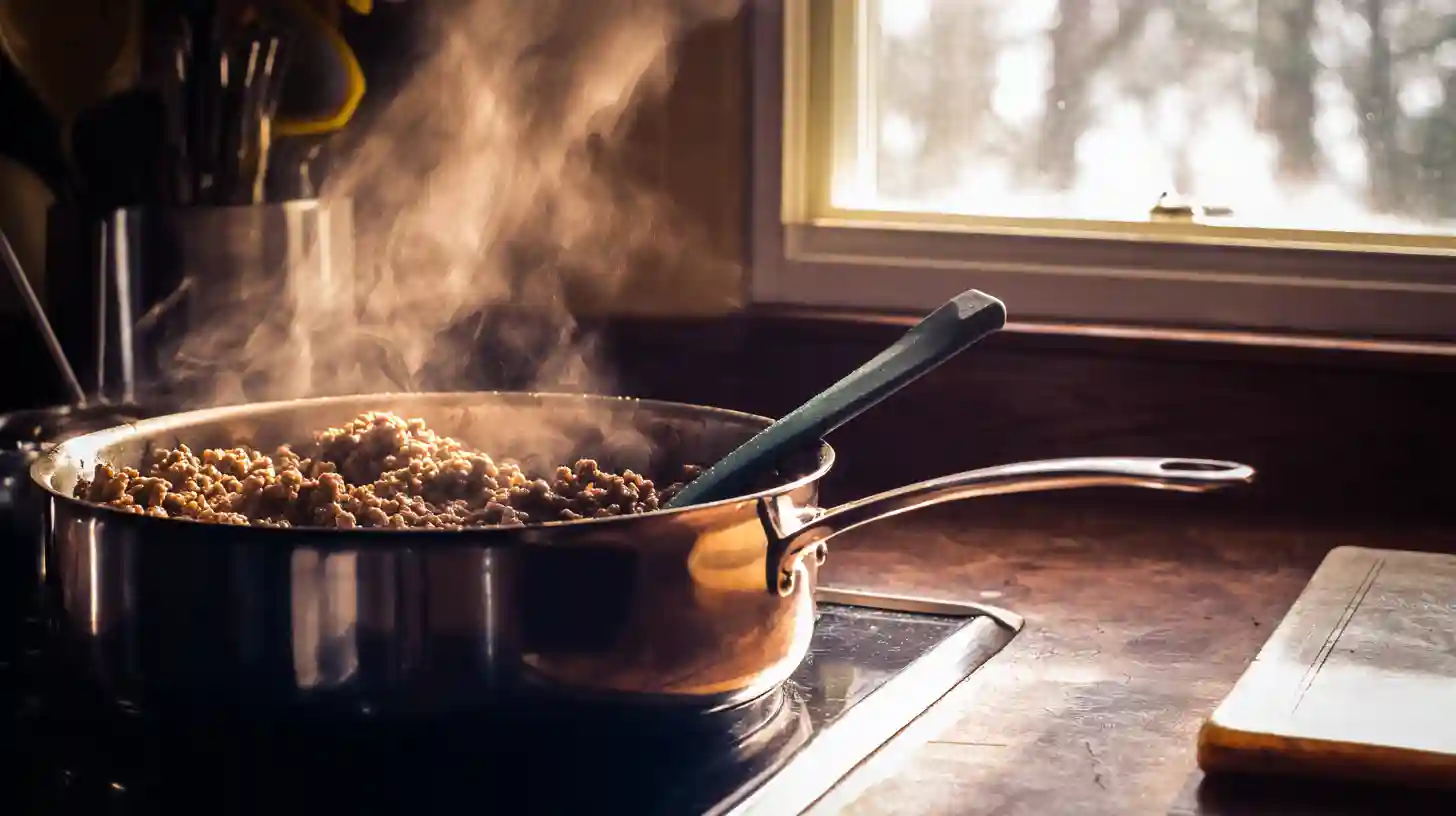 browning-ground-beef-one-pot-cajun-pasta Browning ground beef for Creamy One Pot Cajun Beef and Cheddar Pasta in olive oil for easy weeknight dinner