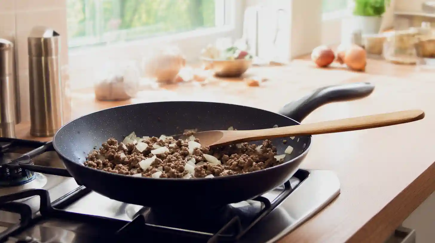 browning-ground-beef-one-pot-dinners browning ground beef and onions in skillet for easy one-pot dinners