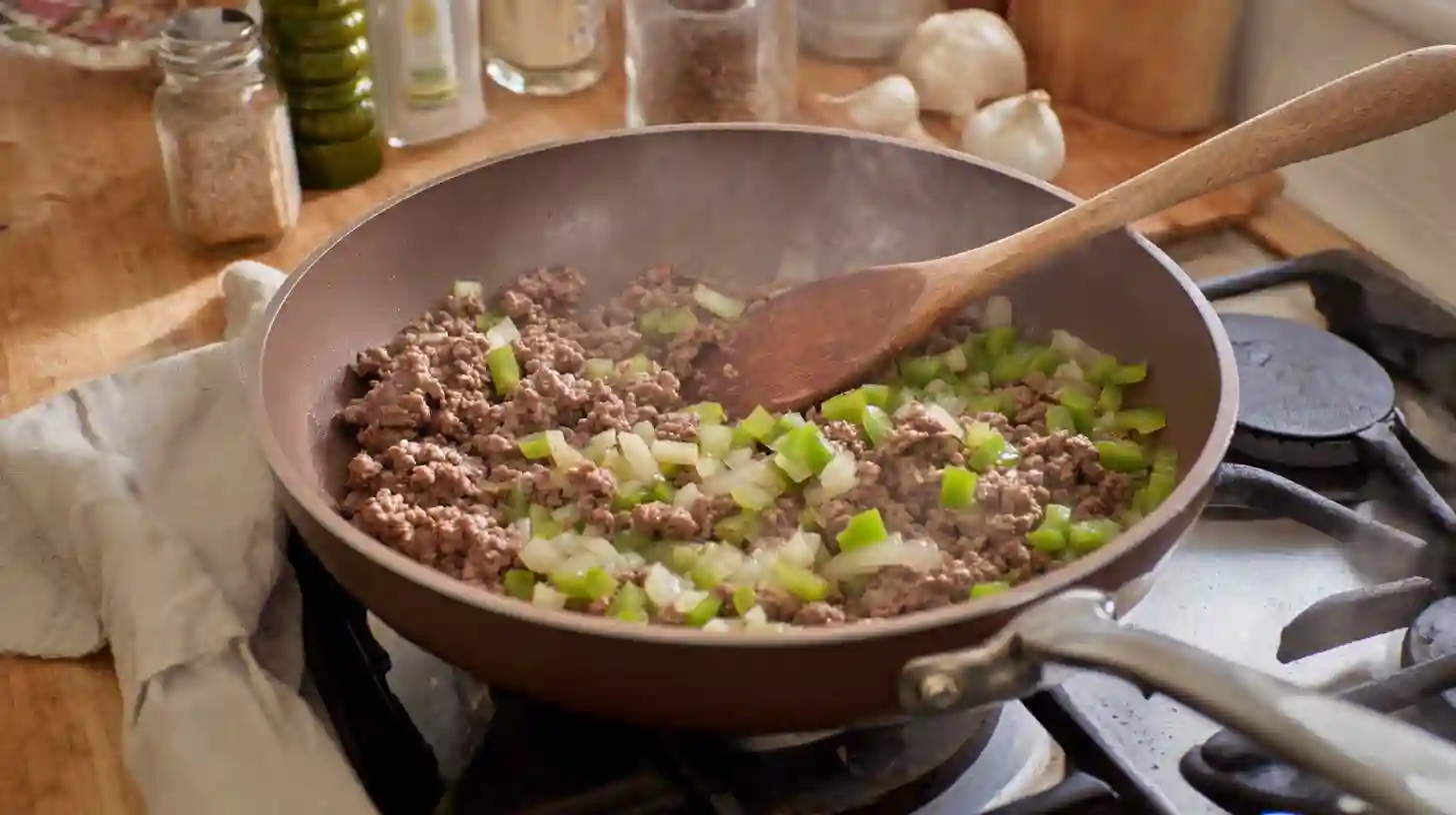 browning-ground-beef-wrap-recipe Browning ground beef with onions and peppers for nacho cheese beef wrap recipe.