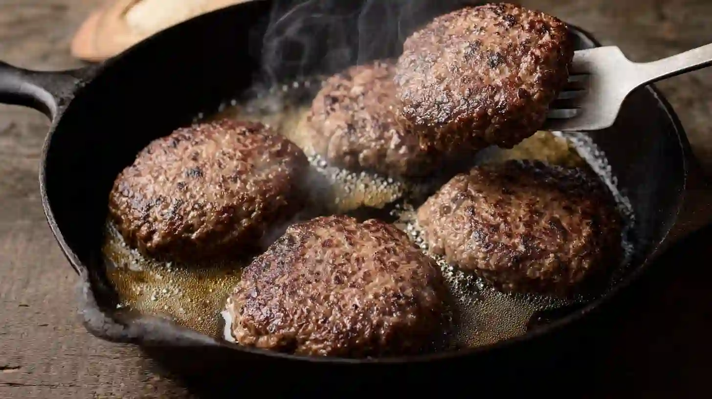 browning-salisbury-steak-patties-skillet Browning oval-shaped Juicy Bobby Flay Salisbury Steak patties in skillet – perfect for gluten-free comfort food recipes and budget-friendly dinners for large families