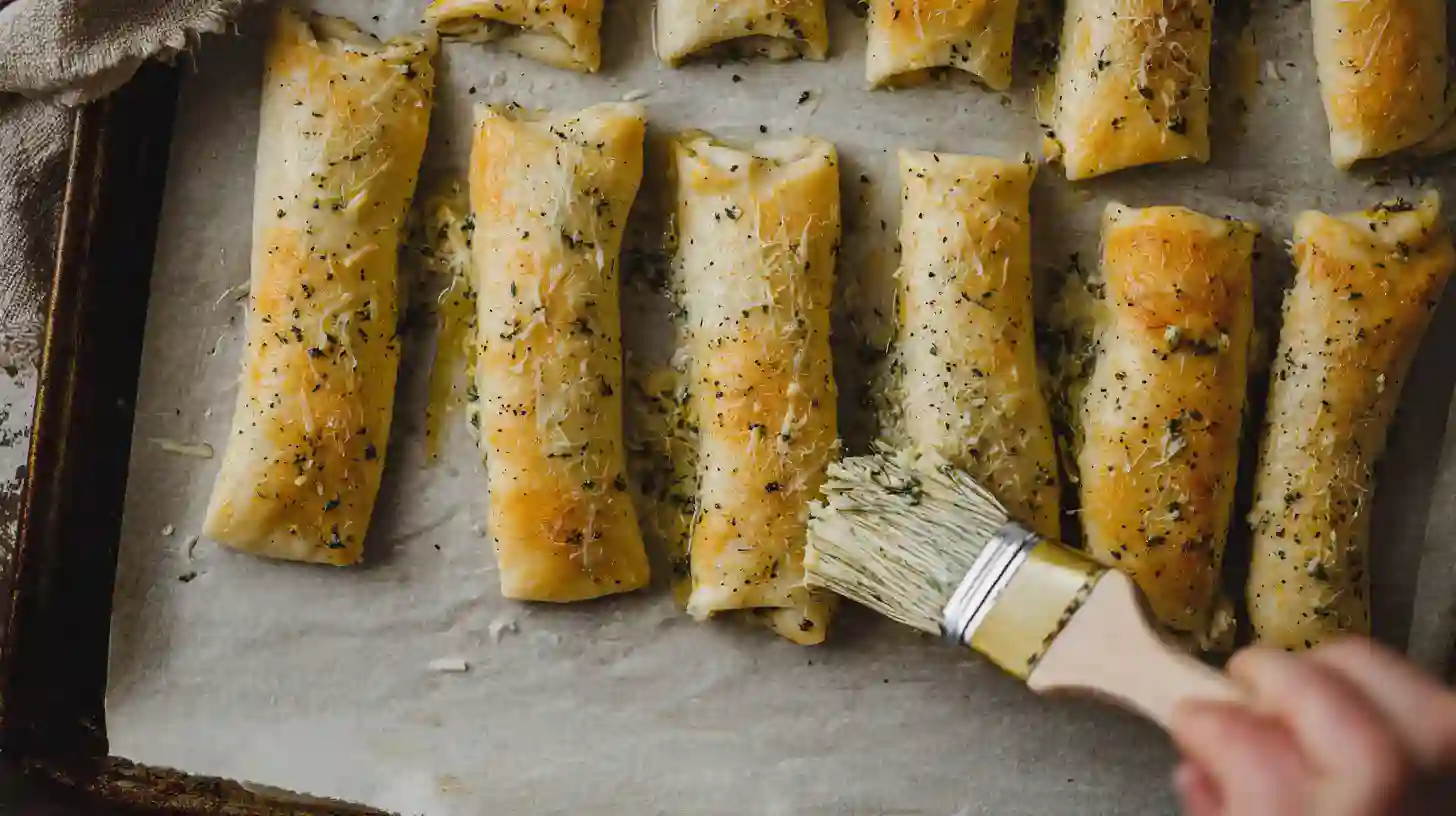 brush-garlic-butter-on-rollups brushing garlic butter on rollups placed on baking sheet