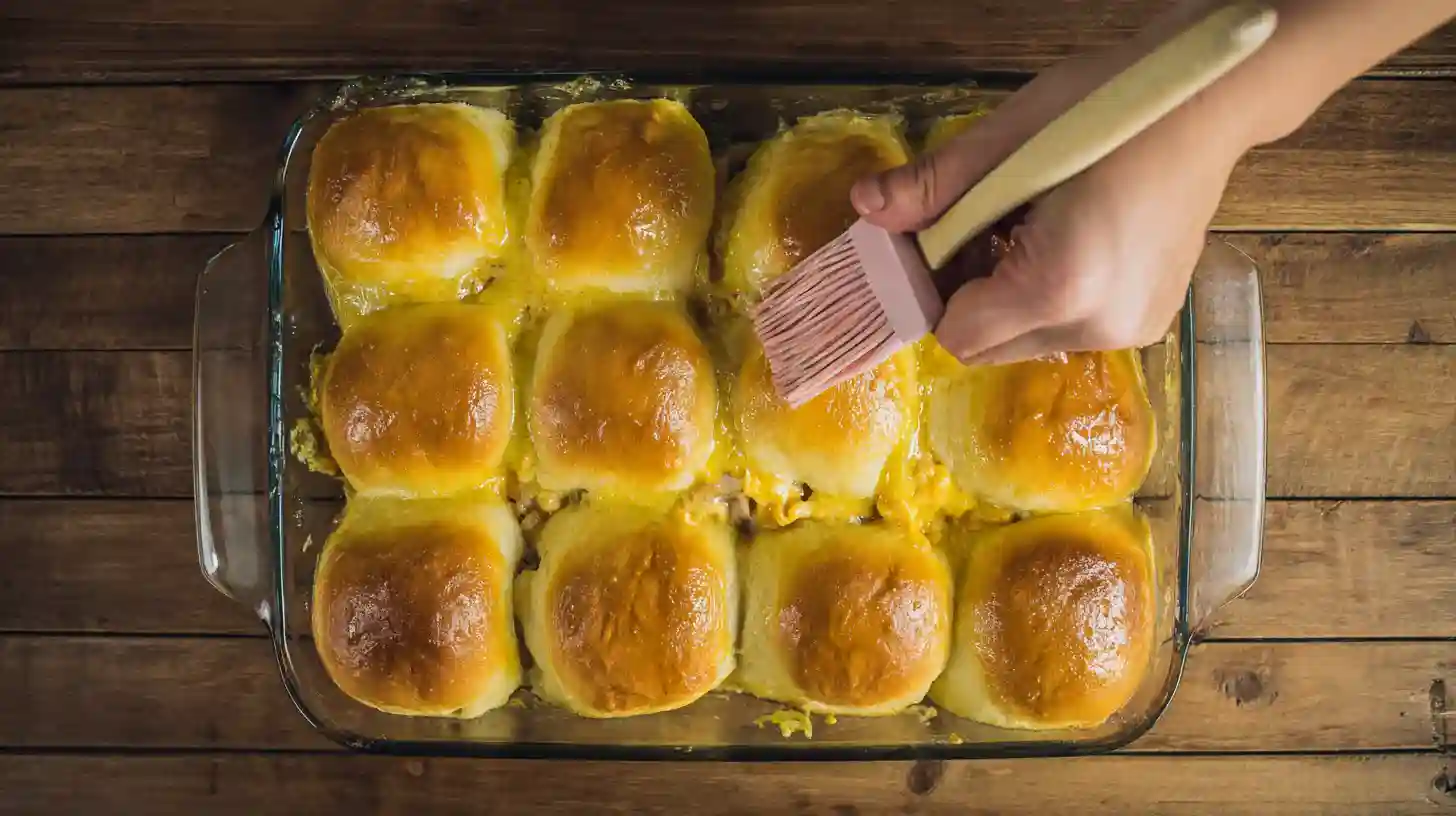 brush-garlic-butter-slider-tops Brushing garlic butter on Hawaiian roll tops for sliders