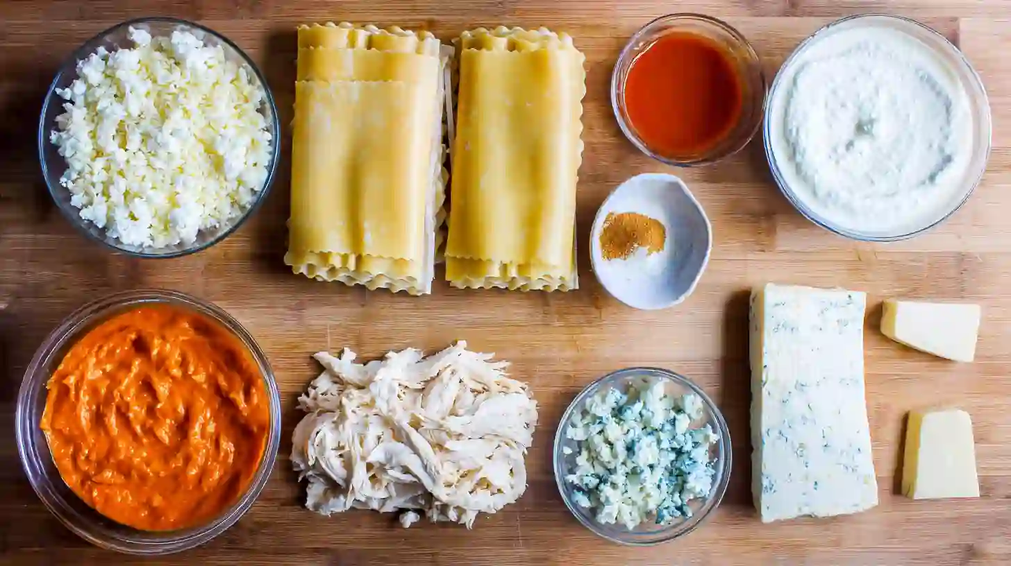 buffalo-chicken-lasagna-with-a-ranch-Twist-ingredients Buffalo Chicken Lasagna with a Ranch Twist ingredients on kitchen counter