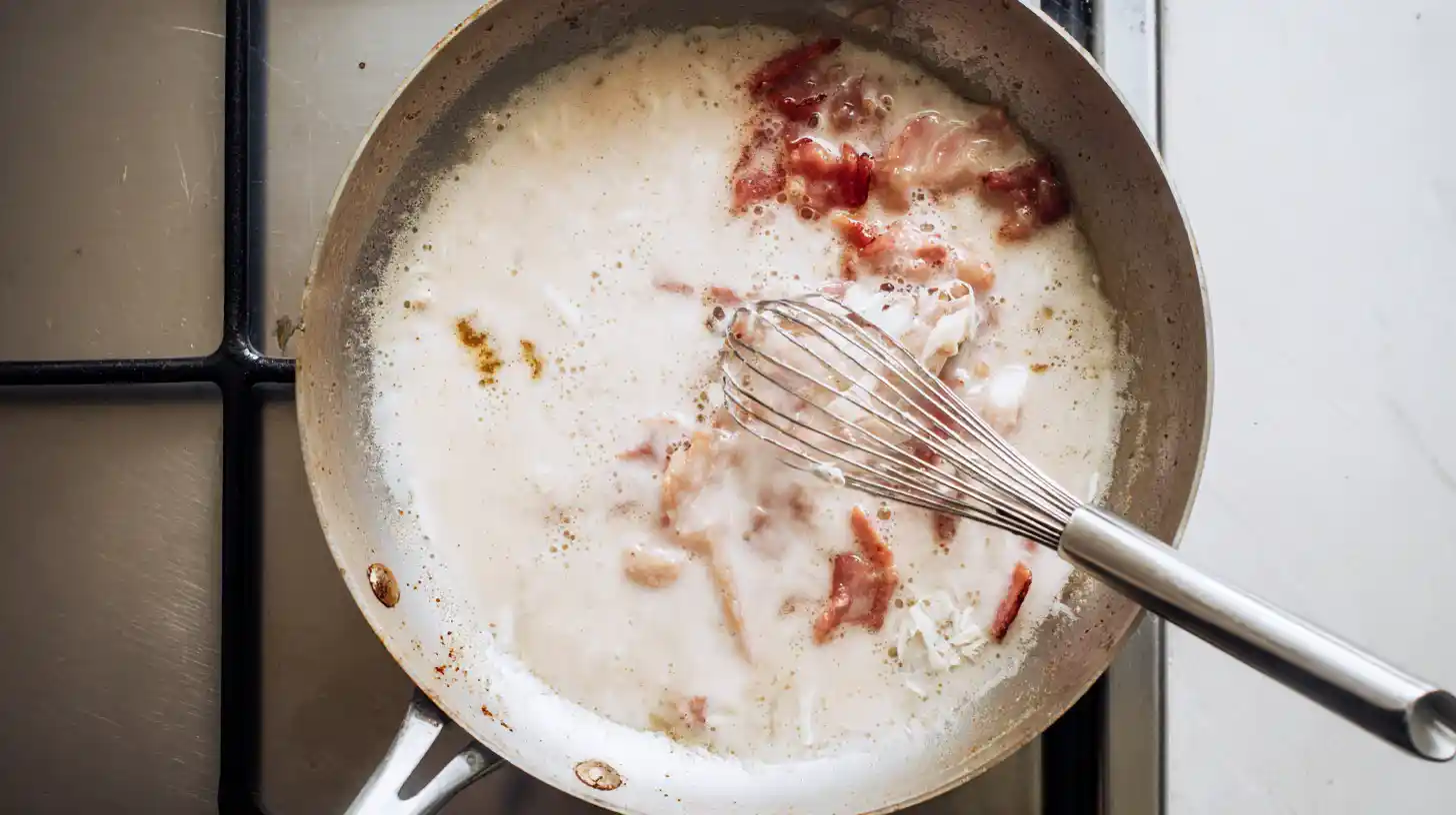 build-alfredo-sauce-tortellini Creamy alfredo sauce being whisked in skillet with garlic and cream