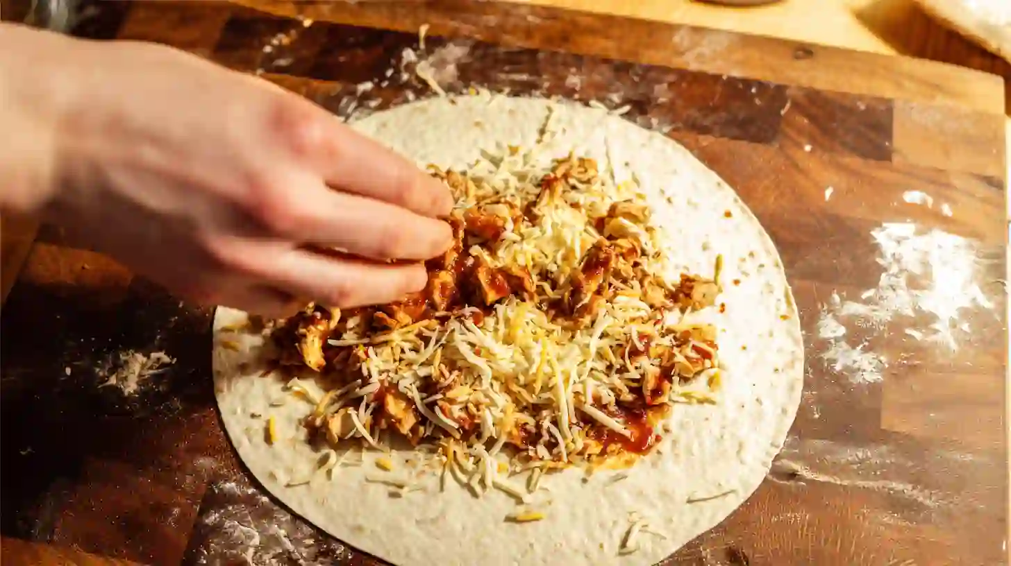 build-burrito-base-chicken-parmesan Assembling crispy parmesan garlic chicken burrito with cheese and hot chopped chicken