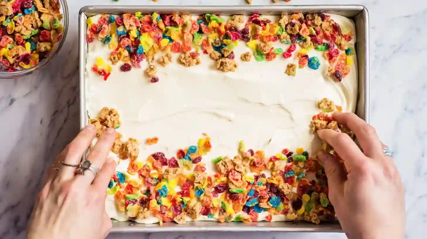 build-cheesecake-bars-fruity-pebbles Building Fruity Pebbles cheesecake bars with layers and topping