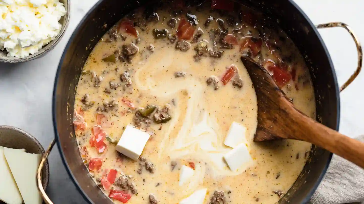 building-creamy-cajun-pasta-sauce Cream cheese, tomatoes, and broth blending into a creamy sauce