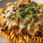 Cajun Cheesy Beef Rotini in Creamy Garlic Sauce with parsley and creamy garlic pasta sauce.high-protein pasta meals