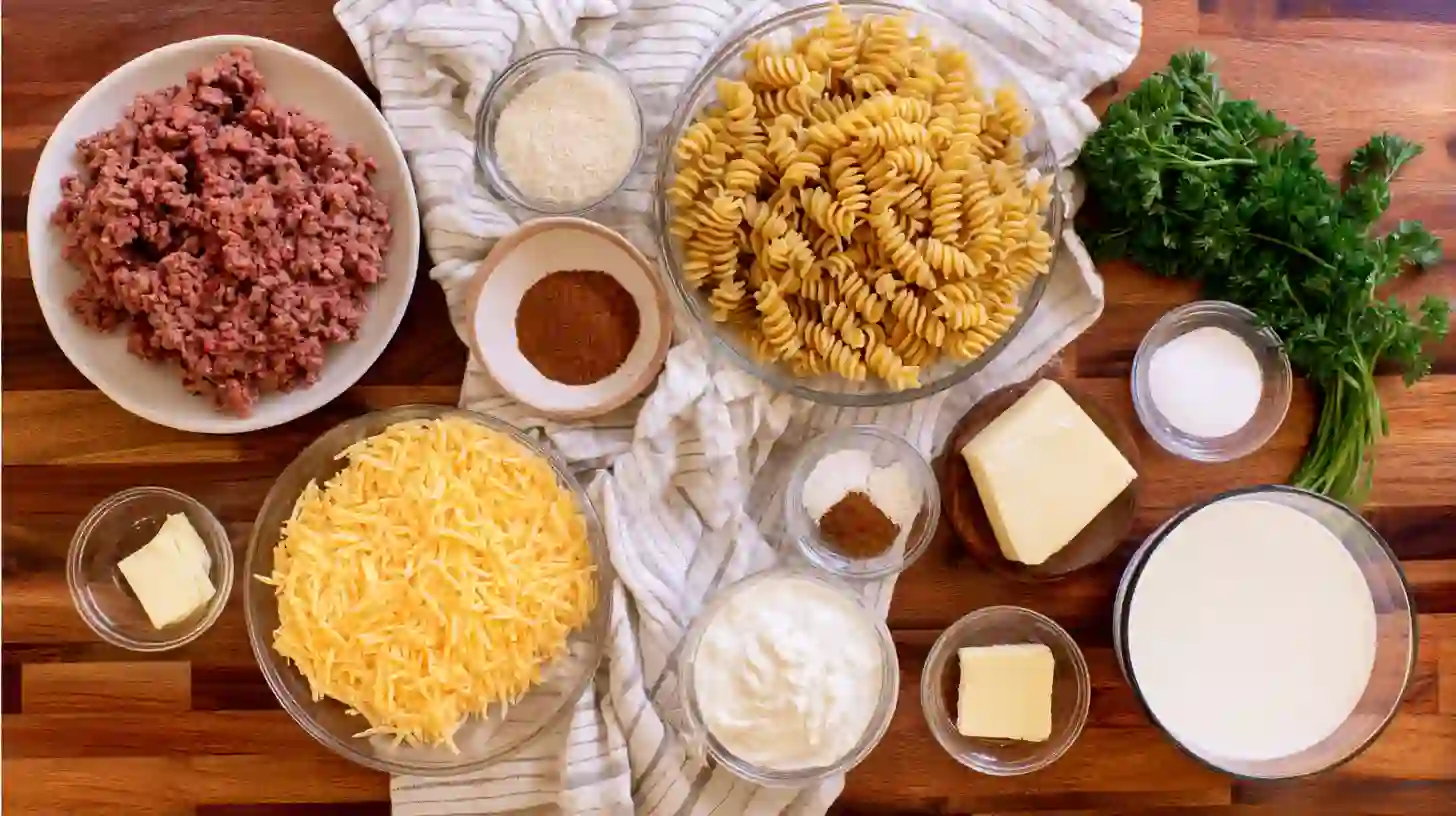 cajun-cheesy-beef-rotini-in-creamy-garlic-sauce-ingredients Ingredients for Cajun Cheesy Beef Rotini in Creamy Garlic Sauce on a kitchen counter.family-friendly spicy pasta.