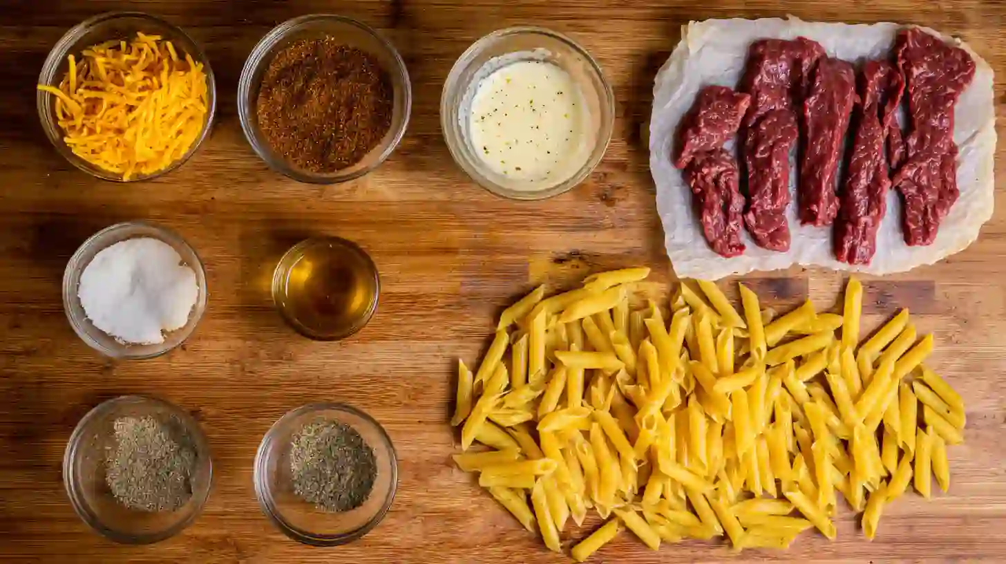cajun-steak-penne-with-Ranch-Honey-Cheese-Sauce-ingredients Ingredients for Cajun Steak Penne with Ranch Honey Cheese Sauce laid out