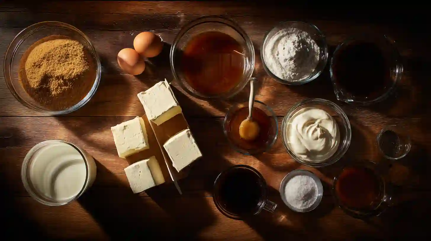 caramel-cheesecake-Coffee-Cheesecake-ingredients Ingredients for Caramel Chocolate Coffee Cheesecake with caramel, chocolate, and coffee.homemade caramel cheesecake recipe