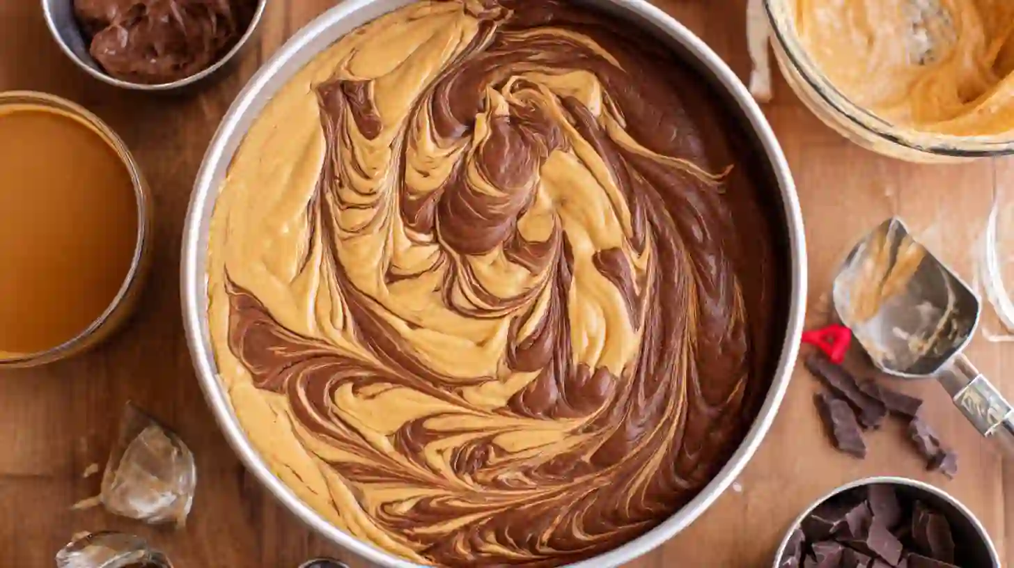 caramel-chocolate-coffee-cheesecake-batter-swirl Swirling dense caramel chocolate coffee cheesecake batter for luxury holiday dessert ideas and easy chocolate caramel desserts