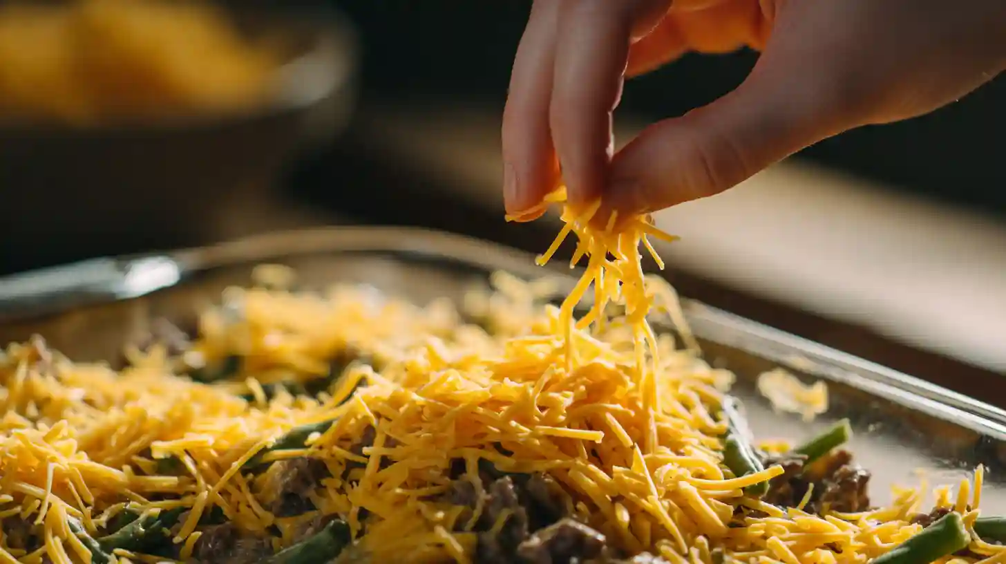 cheddar-cheese-topping-high-protein-casserole adding shredded cheddar cheese to high-protein comfort food casserole
