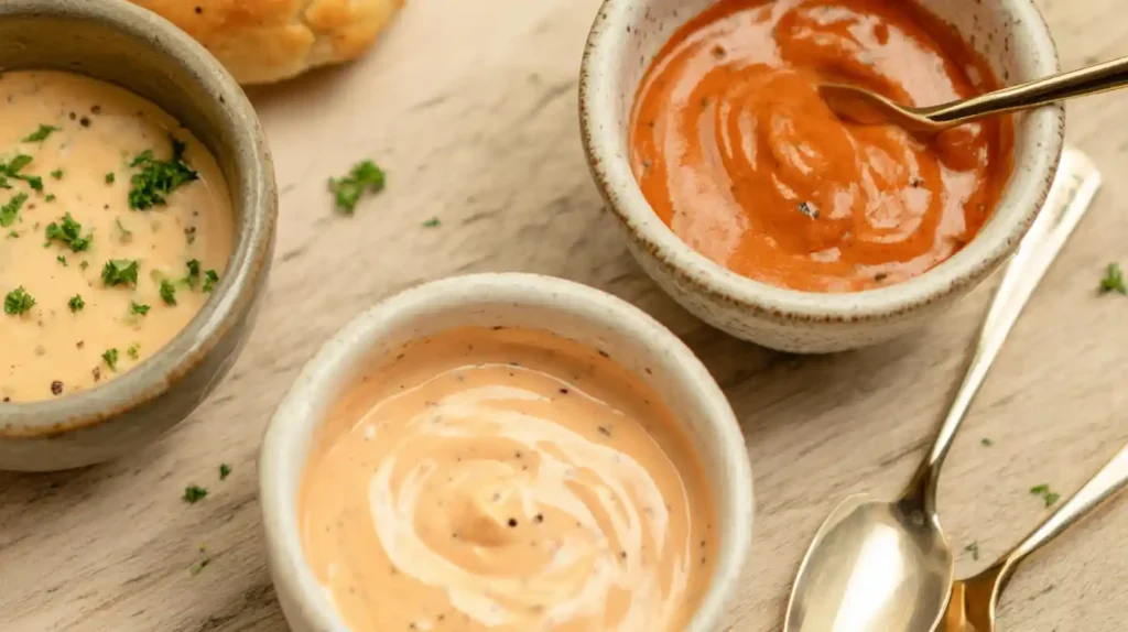 Garlic butter dipping sauce, sriracha mayo, and chipotle cheese drizzle for homemade cheeseburger bombs and family dinner appetizers
