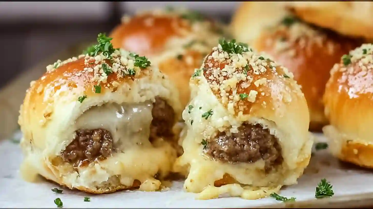 cheeseburger-bombs-garnished-parsley-served-step6 High-protein ground beef appetizers served warm – perfect for quick dinners, easy game day snacks, and budget family meals